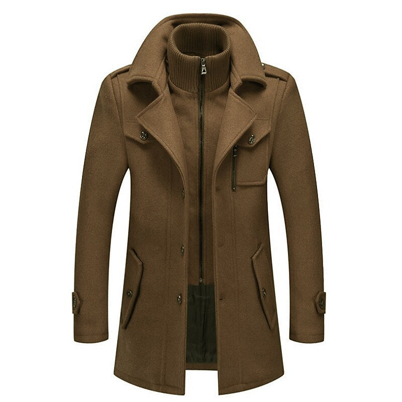 Timeless black men's double-breasted pea coat, a classic winter overcoat designed for enduring style and warmth.