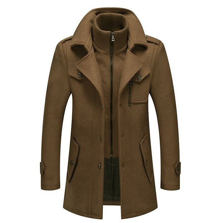 Timeless black men's double-breasted pea coat, a classic winter overcoat designed for enduring style and warmth.