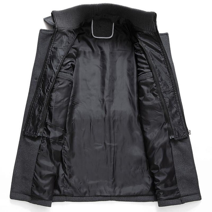 Men's classic brown double-breasted pea coat with button front, essential cold weather outerwear for modern men.