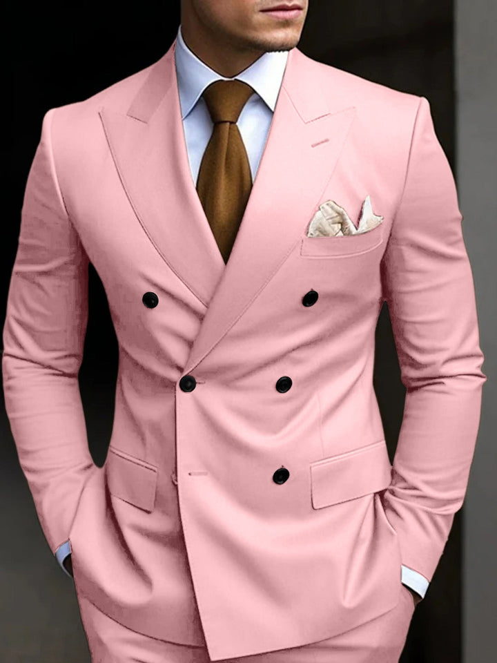 Men's classic double-breasted suit featuring tailored blazer & formal trousers.