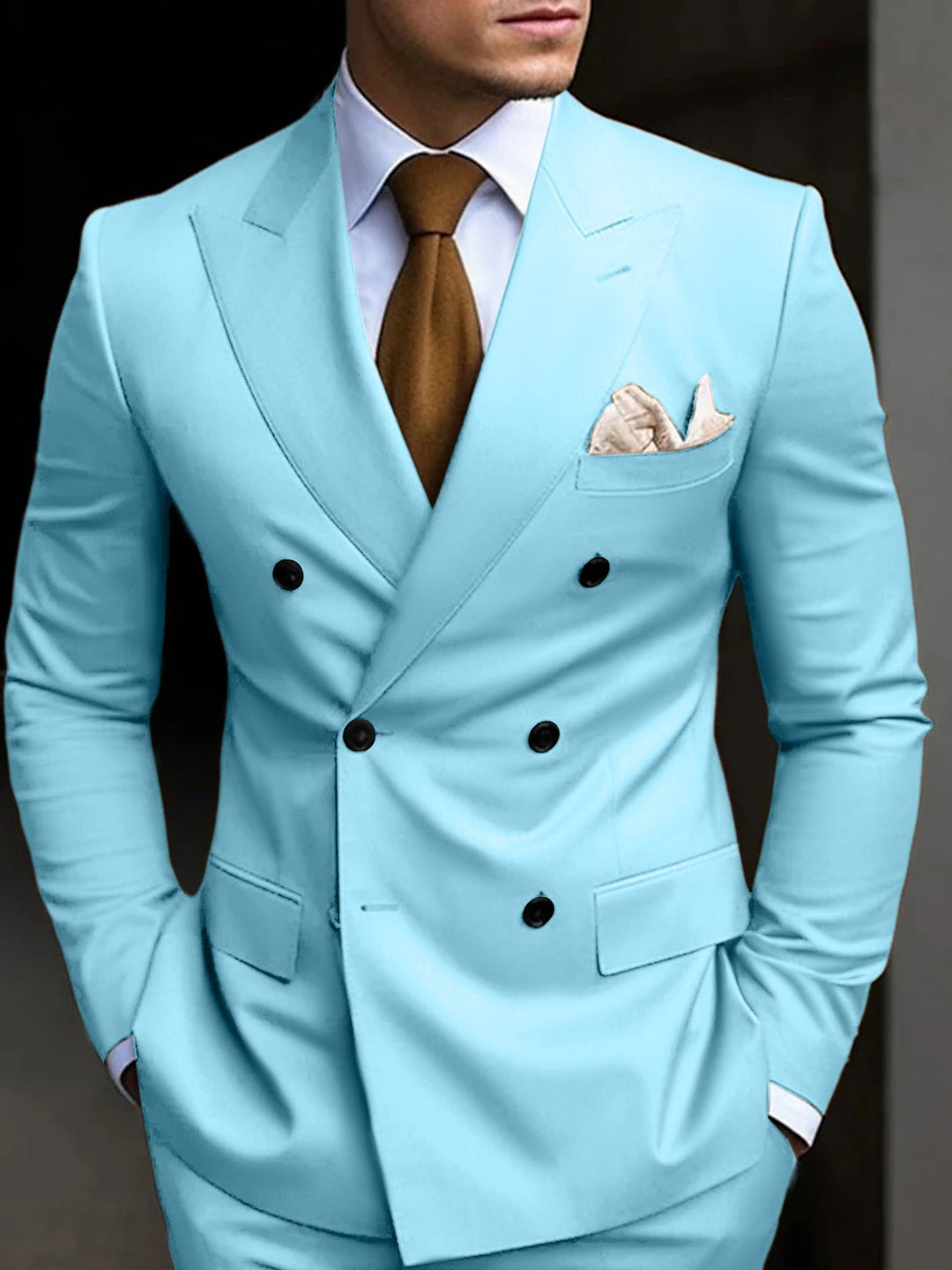 High-quality men's double-breasted suit, 2-piece tailored for formal business or wedding.
