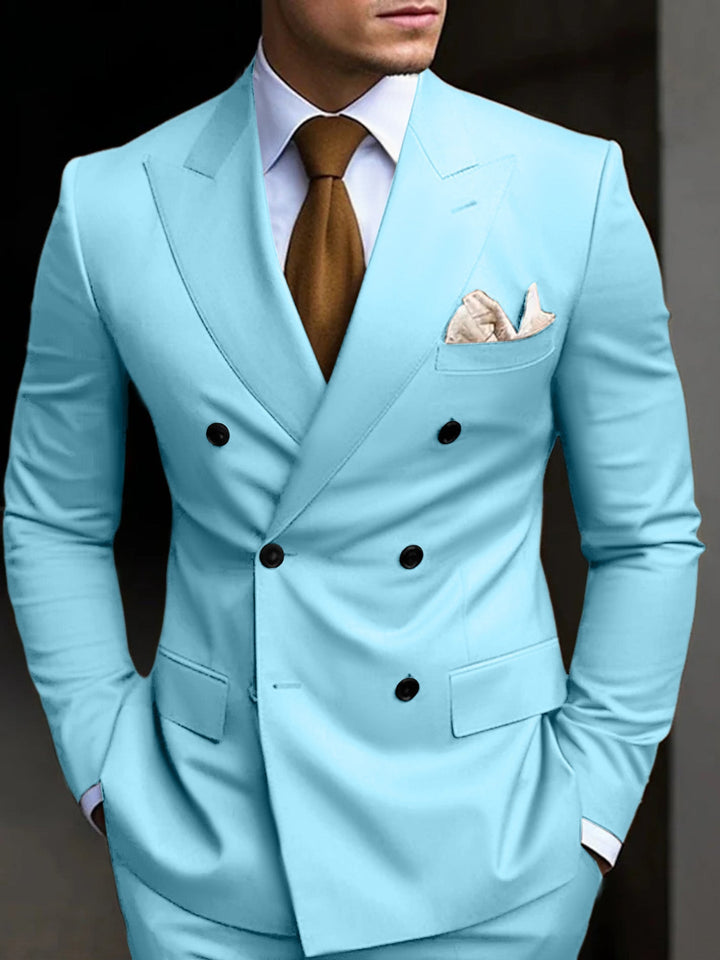 High-quality men's double-breasted suit, 2-piece tailored for formal business or wedding.