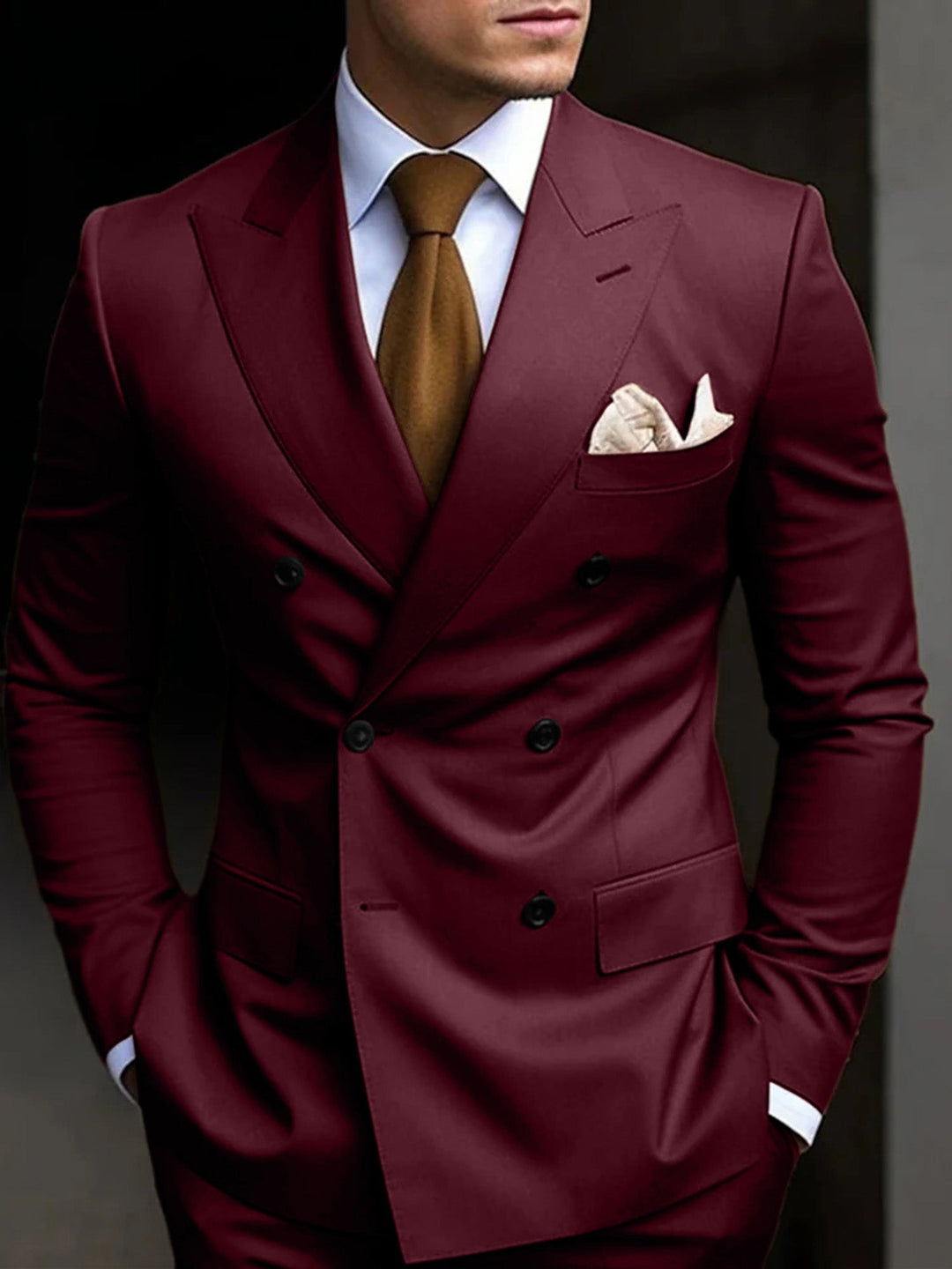Men's tailored 2-piece suit, classic double-breasted blazer & formal trousers.