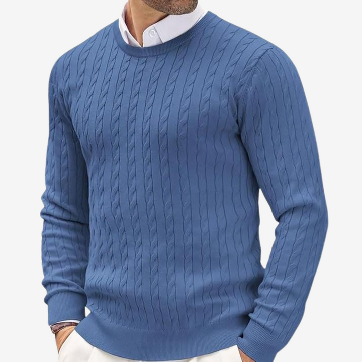 Close-up of a classic men's knitted sweater, highlighting the quality knit for ultimate comfort and warmth.