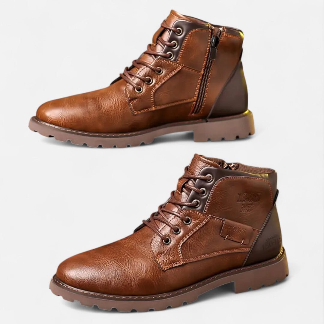 Classic men's lace-up ankle boots in durable brown leather, offering heritage style and all-day comfort for everyday wear.