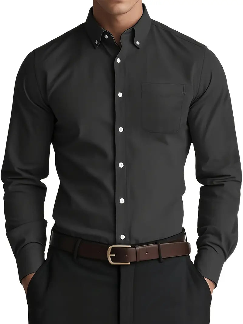 Comfortable men's long-sleeve button-down shirt for casual elegance. A classic collared everyday wear men's apparel top.