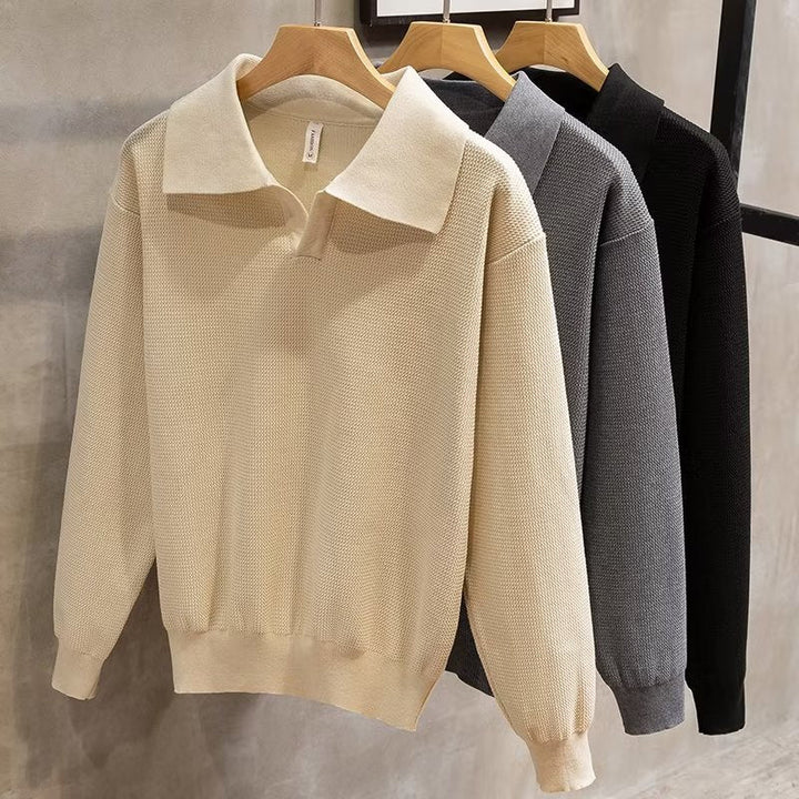 Classic men's long sleeve polo sweater, relaxed fit. Perfect for smart casual autumn/winter style.