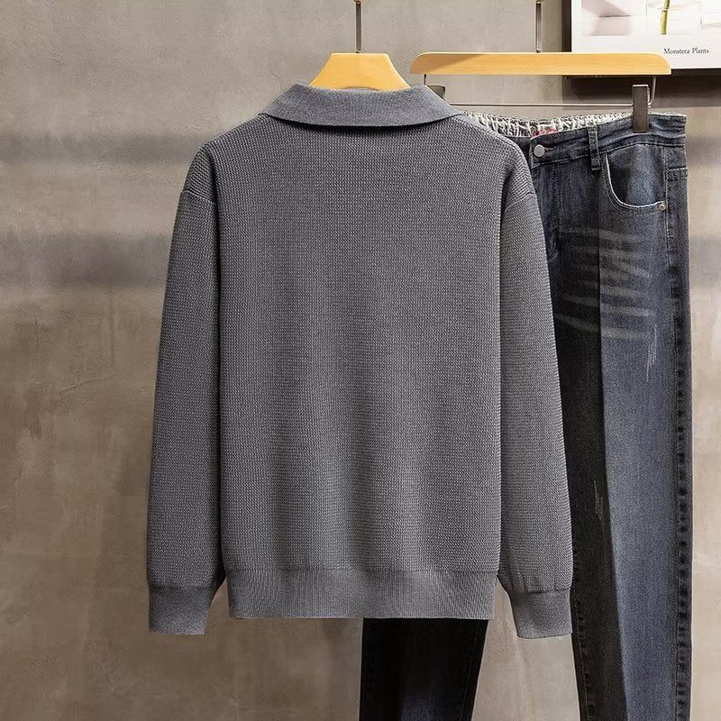 Effortless style men's polo sweater. Long sleeve knit, perfect for smart casual autumn outfits.