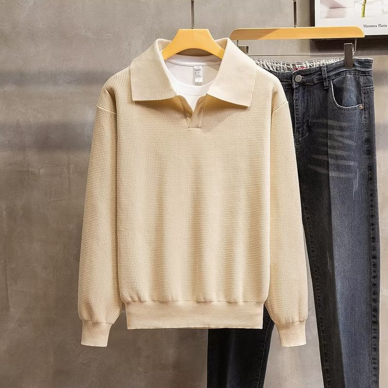 Stylish men's knitwear polo sweater. Essential long sleeve top for casual & smart fashion.