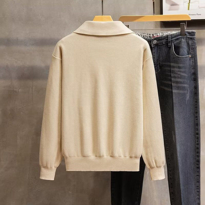 Mens classic polo sweater. Long sleeve knitwear for effortless smart casual autumn & winter style.