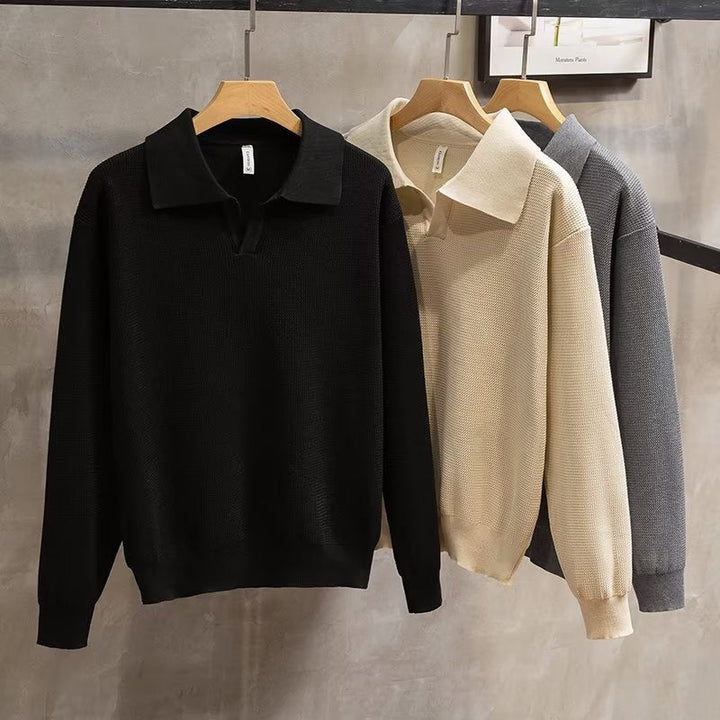 Classic men's polo sweater. Soft knitwear, long sleeve, ideal for smart casual or autumn wear.