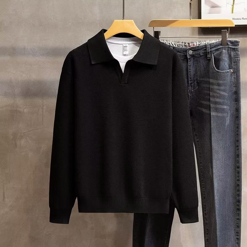 Stylish men's knit polo sweater. Long sleeve casual wear, perfect for autumn & winter fashion.