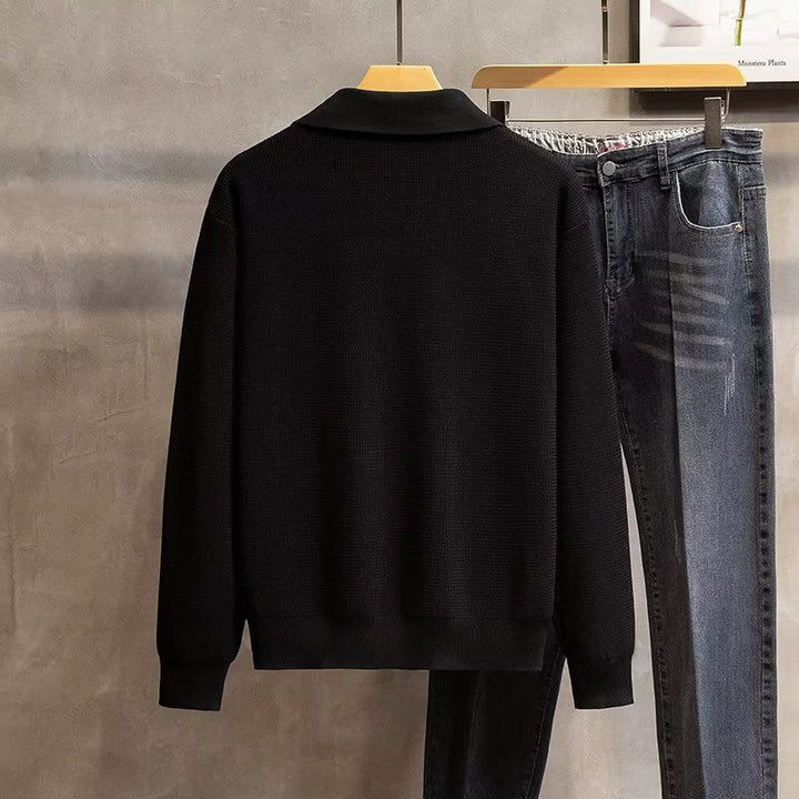 Wardrobe essential men's polo sweater. Relaxed fit, long sleeve knitwear for casual/smart style.
