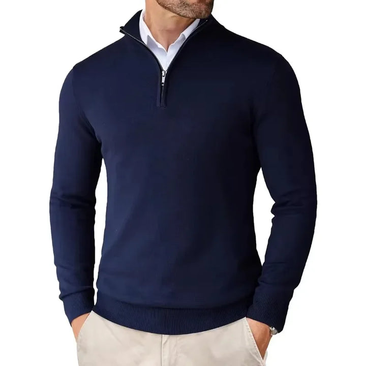 Comfortable long-sleeve men's quarter-zip sweater, perfect for casual and smart everyday apparel.