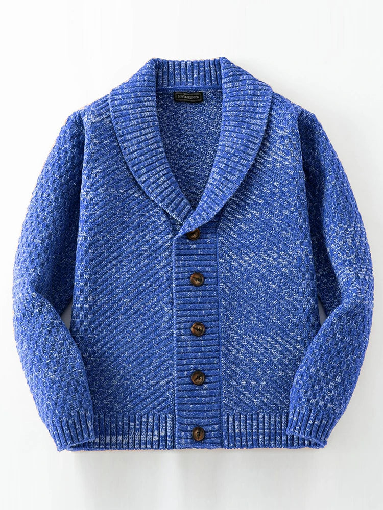 Classic men's shawl collar button-front sweater. Versatile long-sleeve knitwear for sophisticated autumn and winter layering.