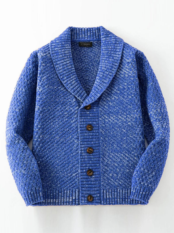 Classic men's shawl collar button-front sweater. Versatile long-sleeve knitwear for sophisticated autumn and winter layering.