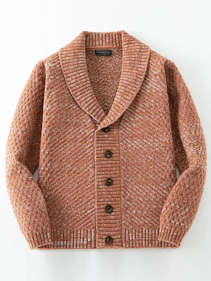 Comfortable men's button-front sweater with elegant shawl collar. Stylish knitwear for casual or sophisticated autumn looks.