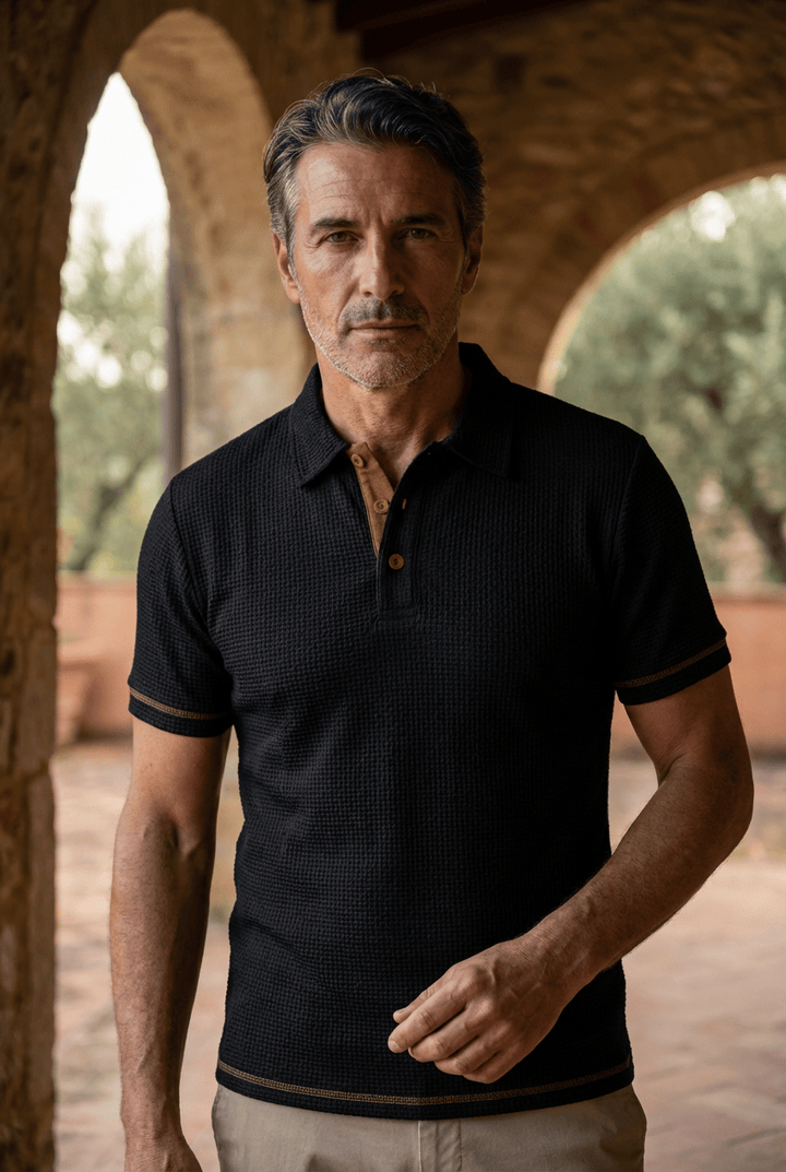 Soft, breathable men's classic polo shirt material. Perfect short-sleeve top for casual style, summer comfort & menswear.