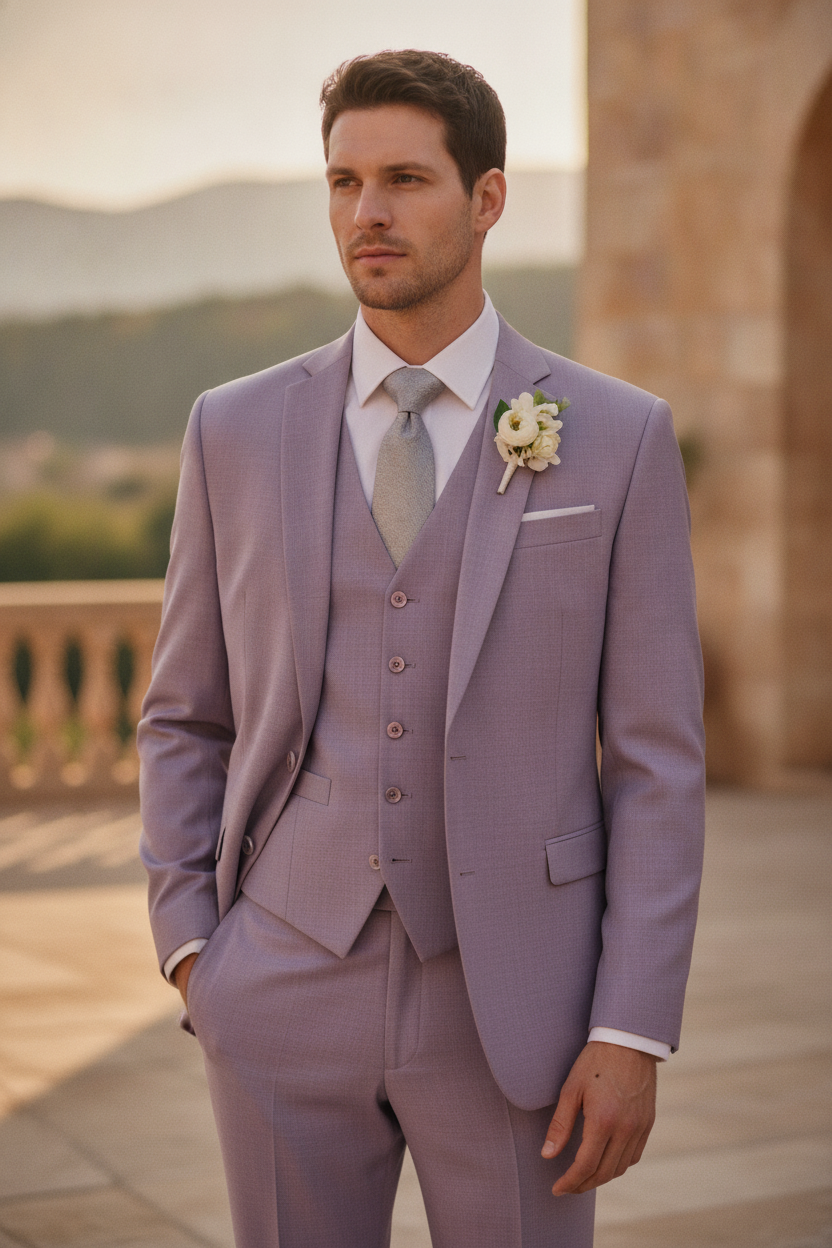 Classic men's single-breasted 3-piece formal suit. Perfect tailored wedding guest or groomsmen attire.