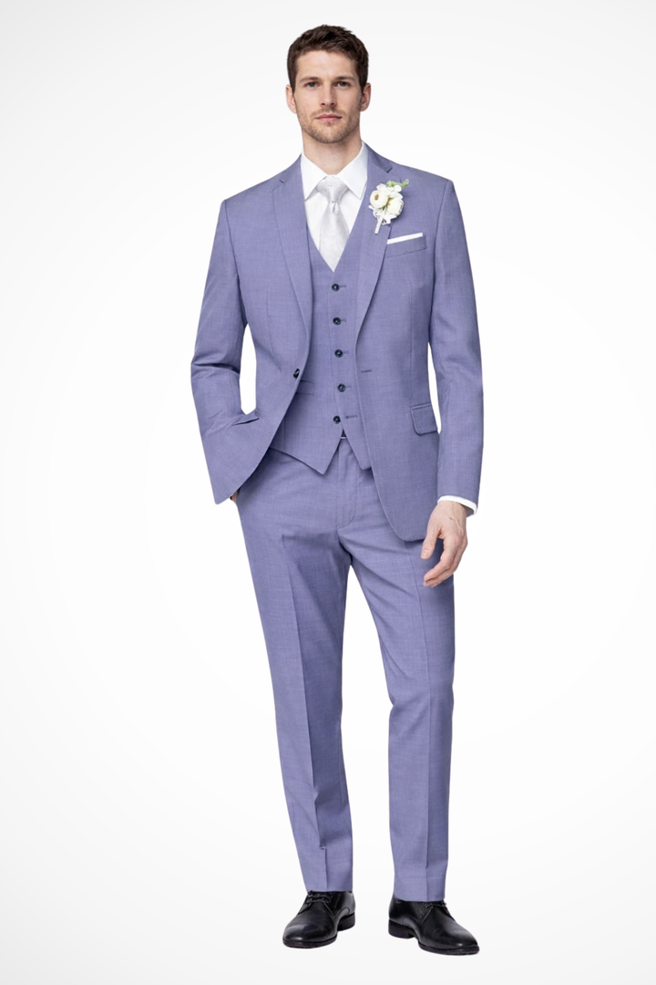 Men's formal occasion wear: a sleek single-breasted 3-piece suit with notch lapel, perfect for weddings.