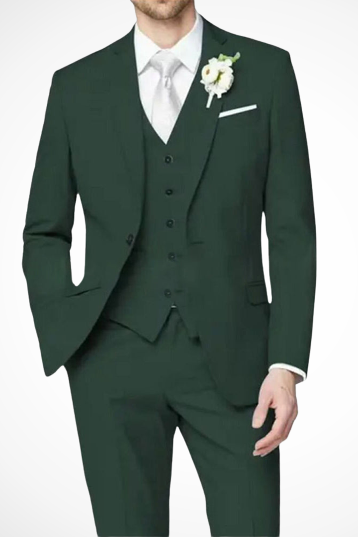Detail of a men's 3-piece formal suit jacket with single-breasted closure & notch lapel for weddings.