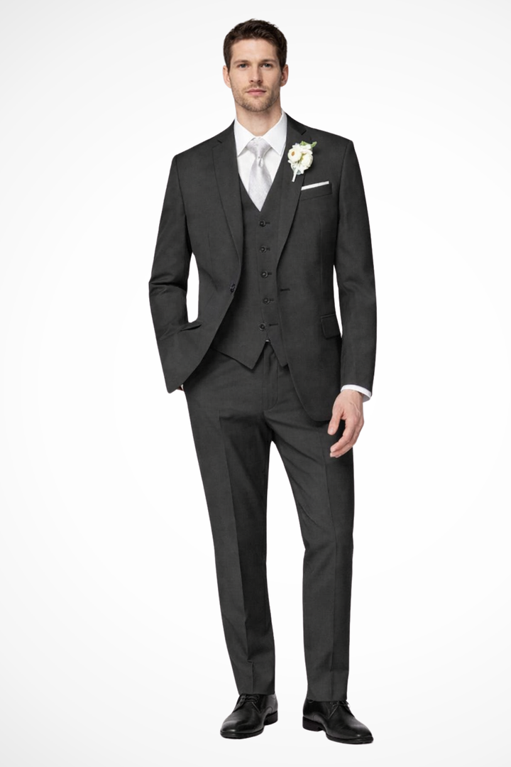 Men's formal wedding suit: single-breasted jacket, vest, & trousers. Tailored for groomsmen & guests.