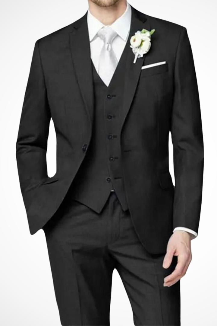 Sophisticated men's 3-piece suit for weddings. Features a classic single-breasted design & refined tailoring.