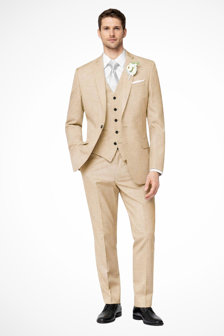 Textured fabric of a premium men's formal 3-piece suit, ideal for elegant wedding guest or groomsmen attire.