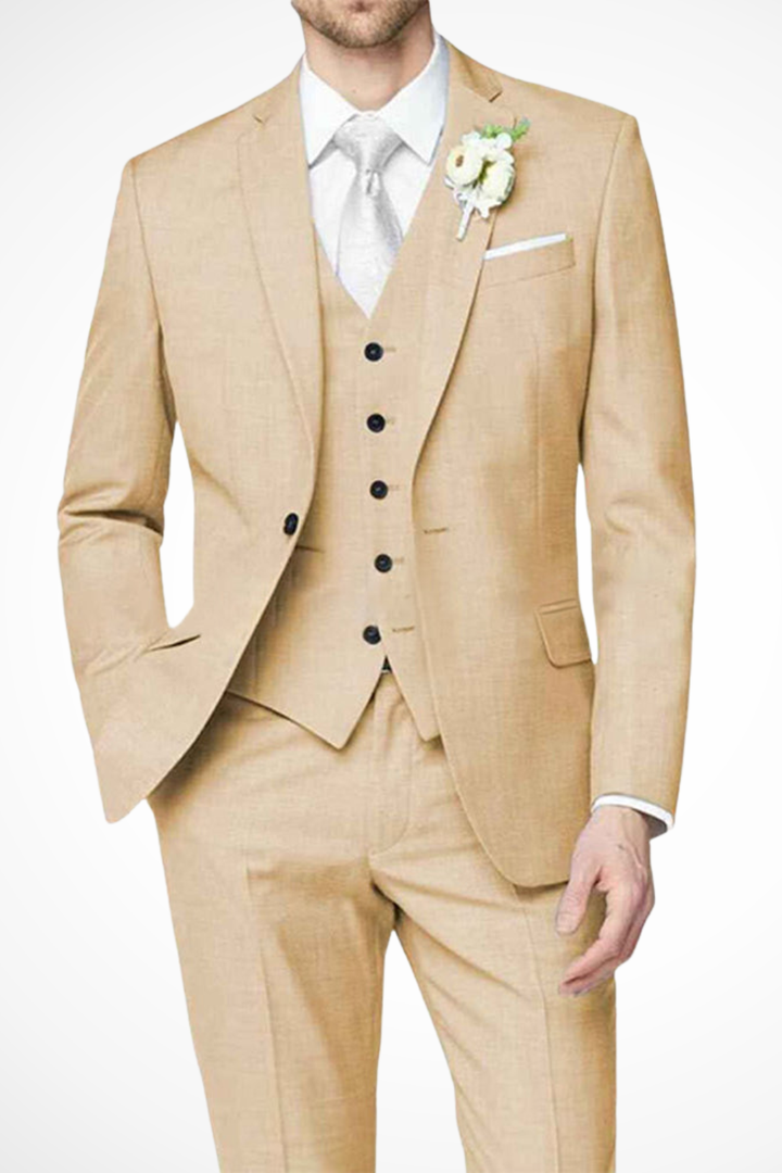 Full view of a men's formal single-breasted 3-piece suit, showcasing its elegant fit for wedding events.