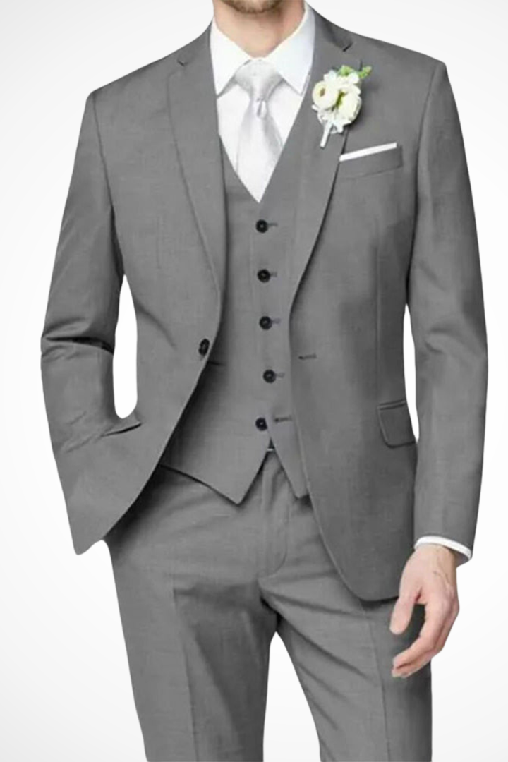 Back view of a men's formal single-breasted suit, highlighting the impeccable tailored fit for weddings.