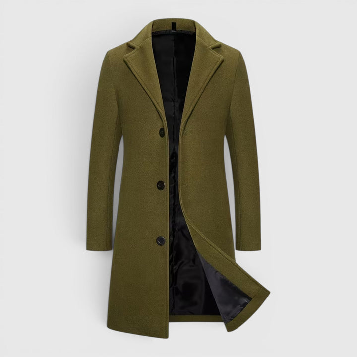 Classic single-breasted men's winter overcoat, long and stylish outerwear.