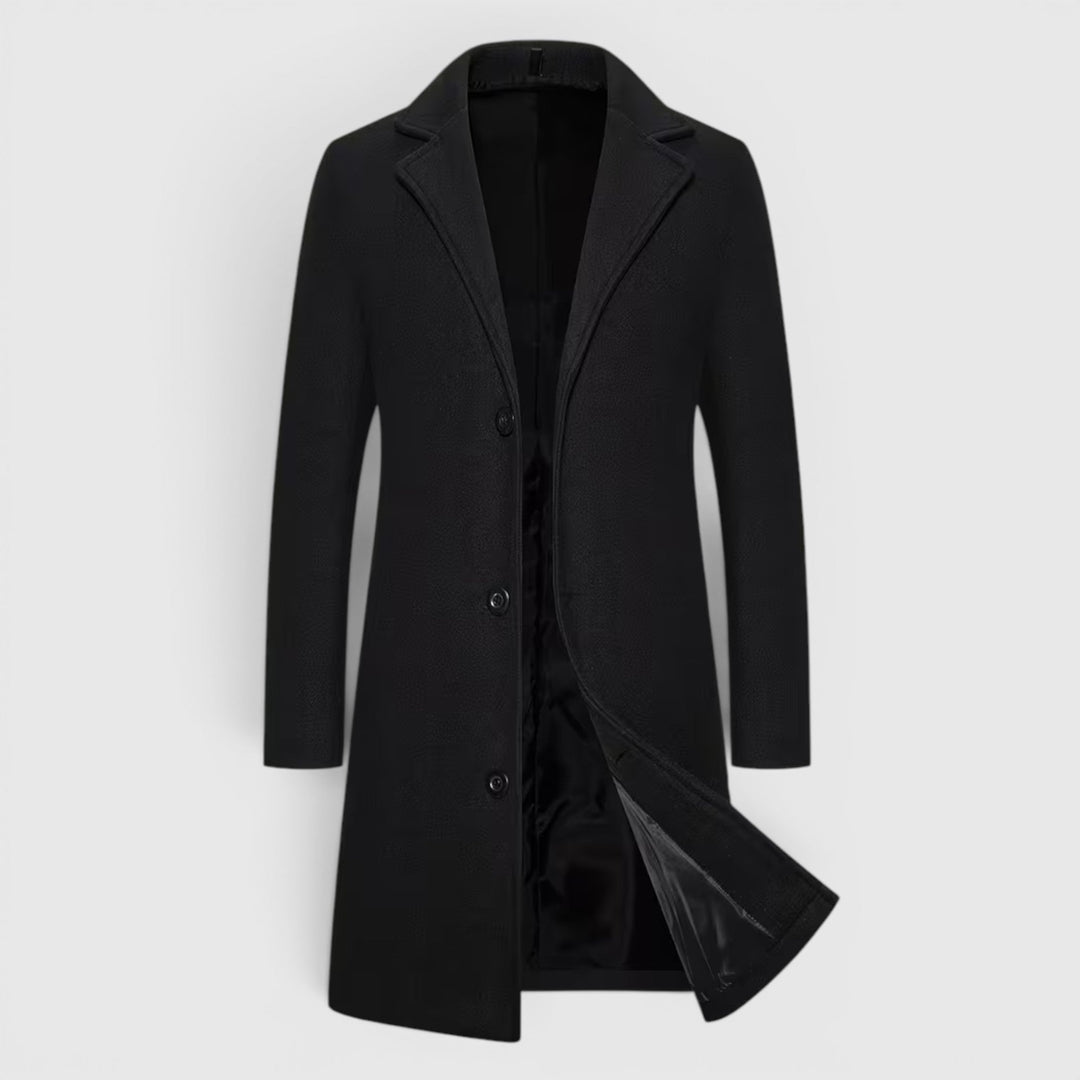 Men's single-breasted long overcoat, classic winter fashion and warmth.