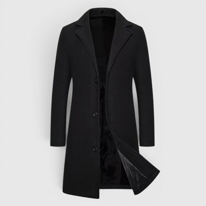 Men's single-breasted long overcoat, classic winter fashion and warmth.