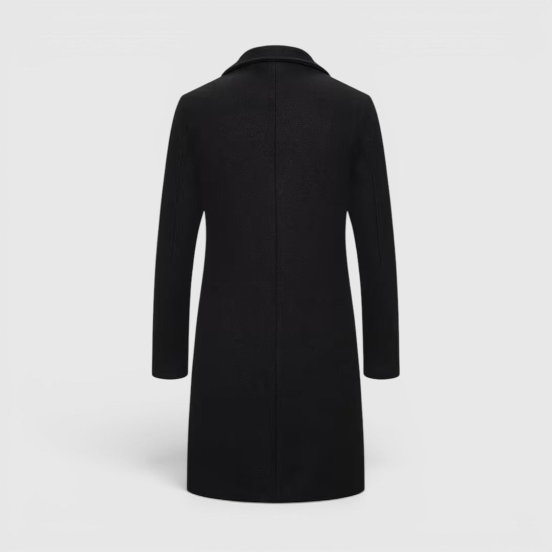 Durable men's winter long coat, single-breasted, classic style outerwear.