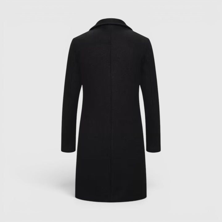 Durable men's winter long coat, single-breasted, classic style outerwear.