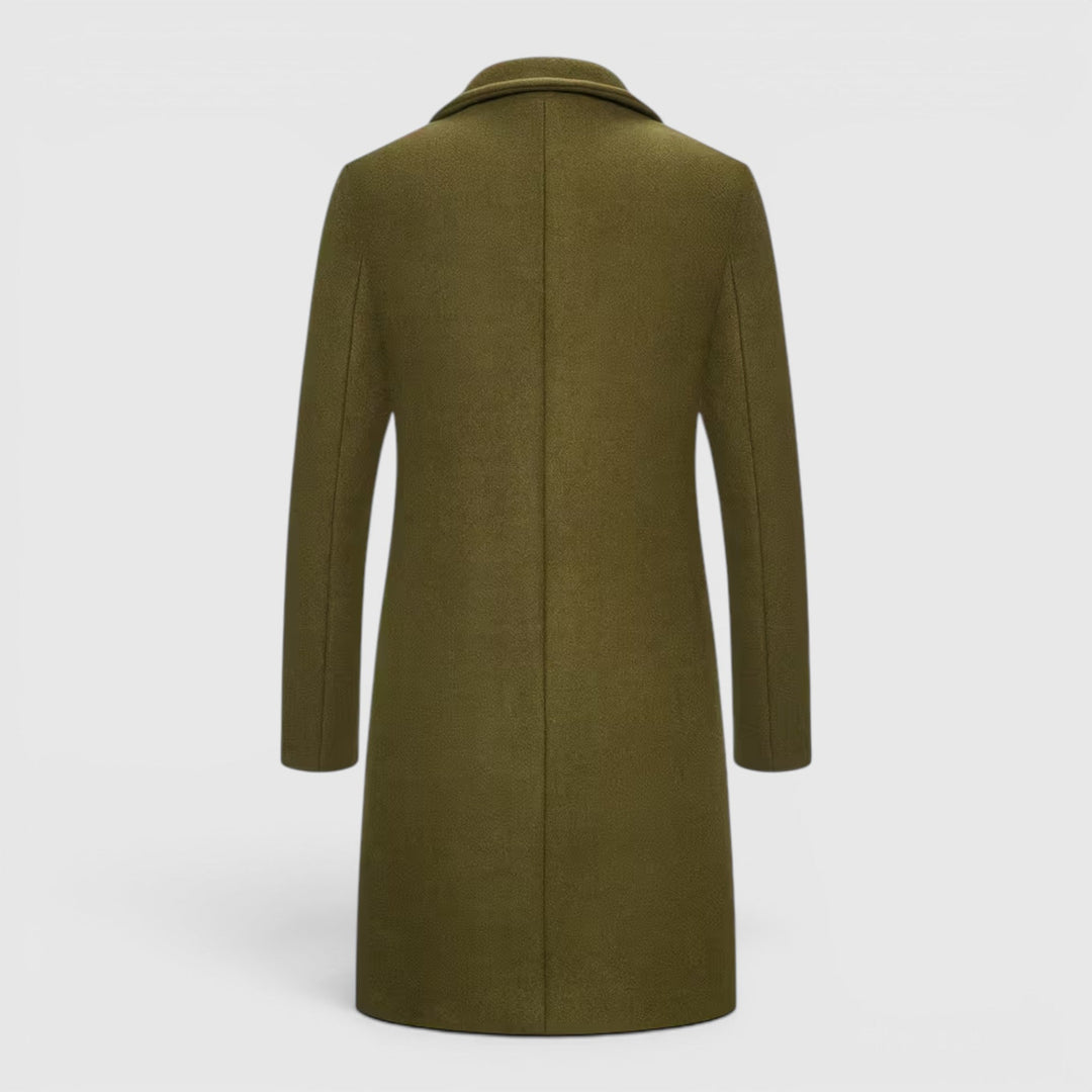 Men's long single-breasted overcoat for winter, perfect for formal wear.