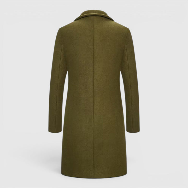 Men's long single-breasted overcoat for winter, perfect for formal wear.