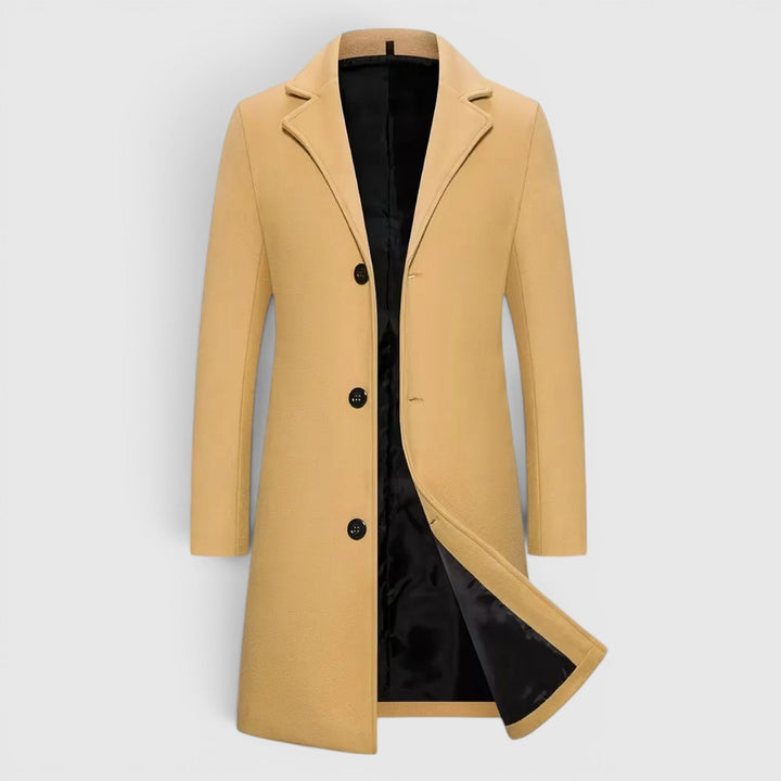 Men's formal single-breasted long winter overcoat, elegant and sophisticated.