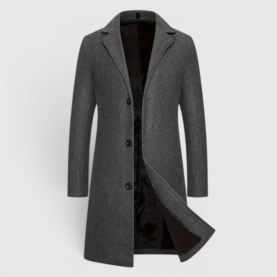 Men's timeless single-breasted winter long coat, a staple in men's fashion.