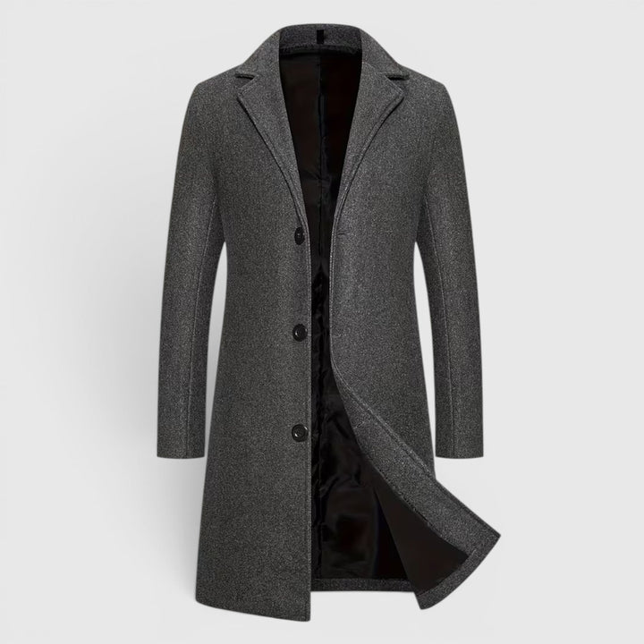 Men's timeless single-breasted winter long coat, a staple in men's fashion.