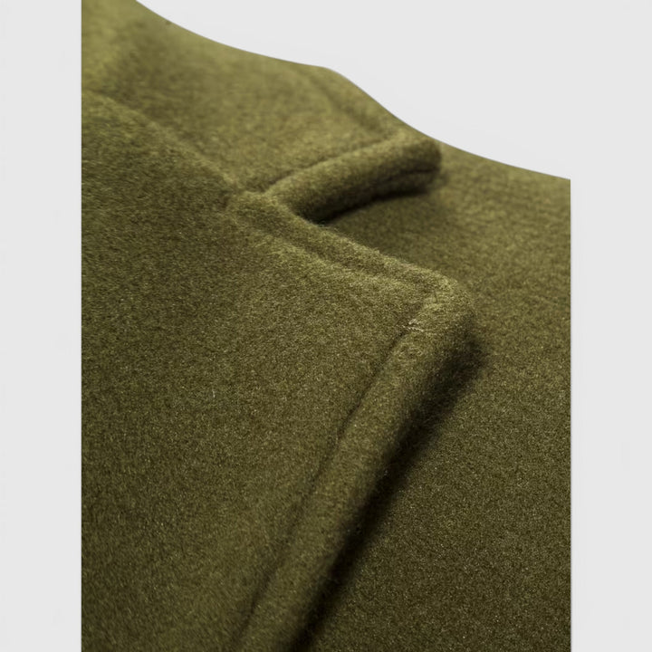 Formal men's long overcoat, single-breasted, in a classic winter style for men.