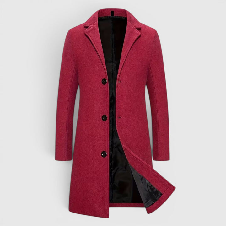 Men's classic single-breasted trench coat, long, elegant, and warm for winter.