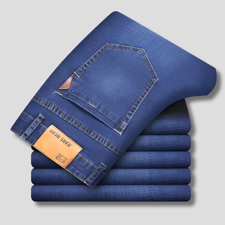 Dark wash straight leg men's denim jeans, ideal for a classic, casual everyday look.