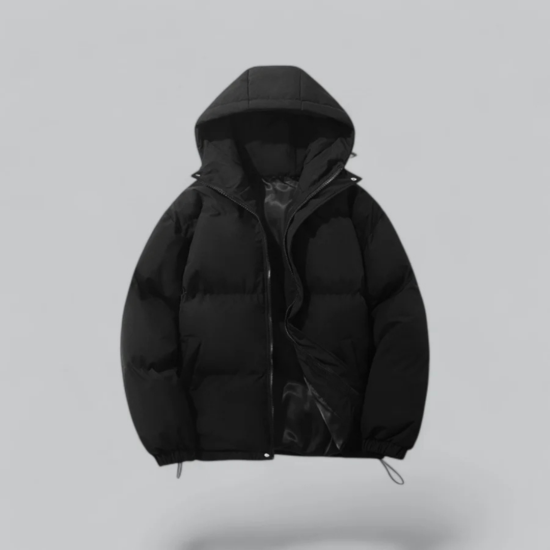 Classic unisex winter puffer jacket with hood & zipper, ideal for cold weather outerwear.