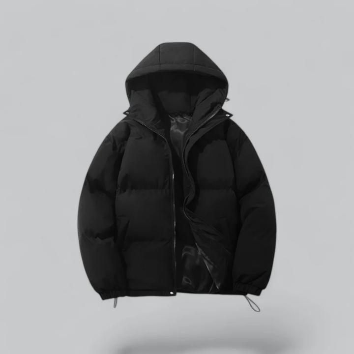 Classic unisex winter puffer jacket with hood & zipper, ideal for cold weather outerwear.