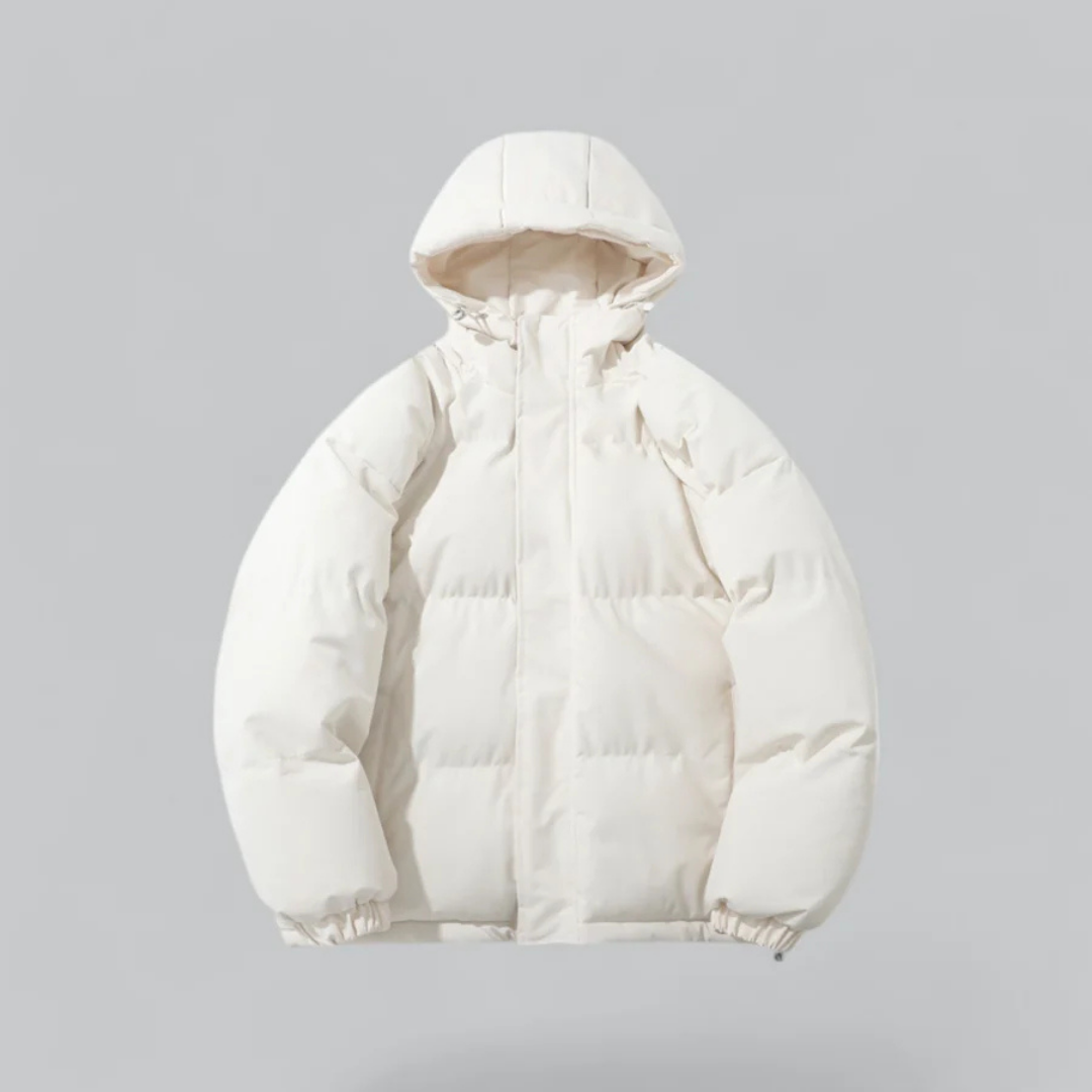 Warm hooded puffer jacket for women & men, a classic winter coat with durable zipper closure.