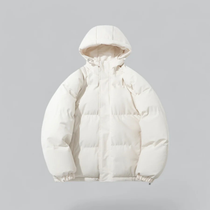 Warm hooded puffer jacket for women & men, a classic winter coat with durable zipper closure.