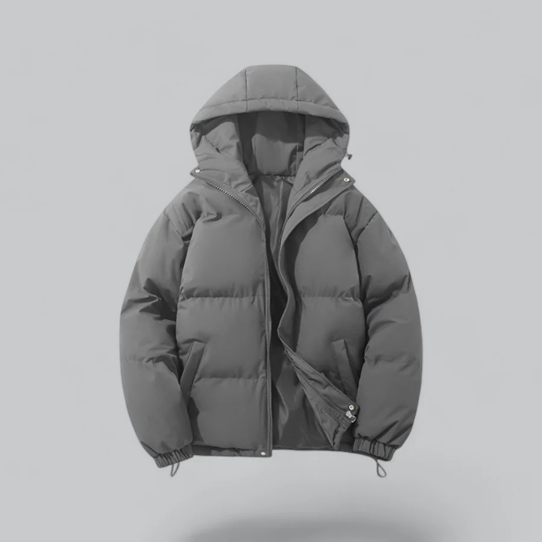 Cozy hooded puffer jacket; a stylish and warm winter outerwear piece for cold weather fashion.