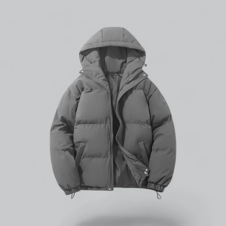 Cozy hooded puffer jacket; a stylish and warm winter outerwear piece for cold weather fashion.