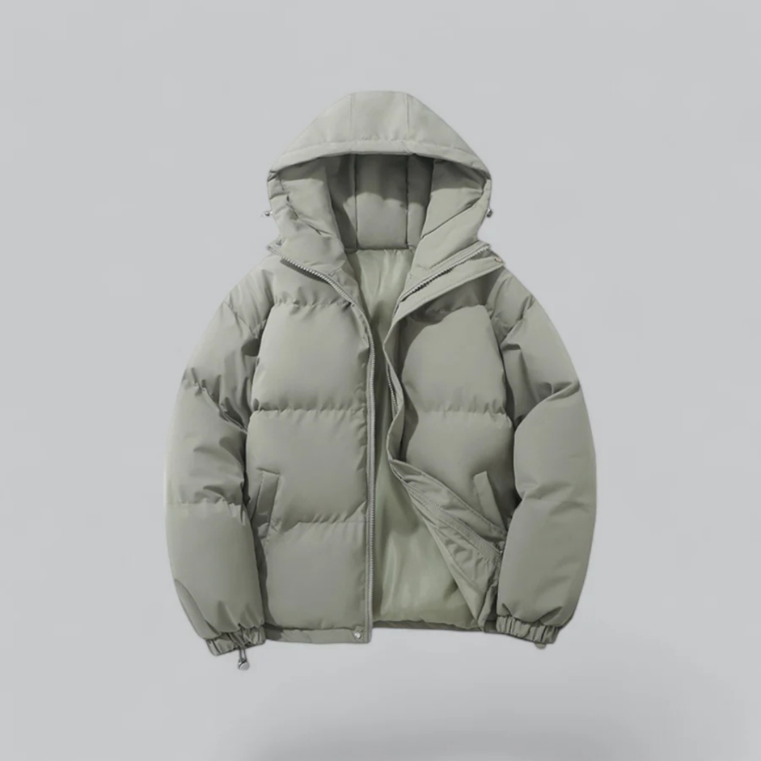 Classic puffer jacket with hood & front zipper. Essential warm winter coat for casual style.